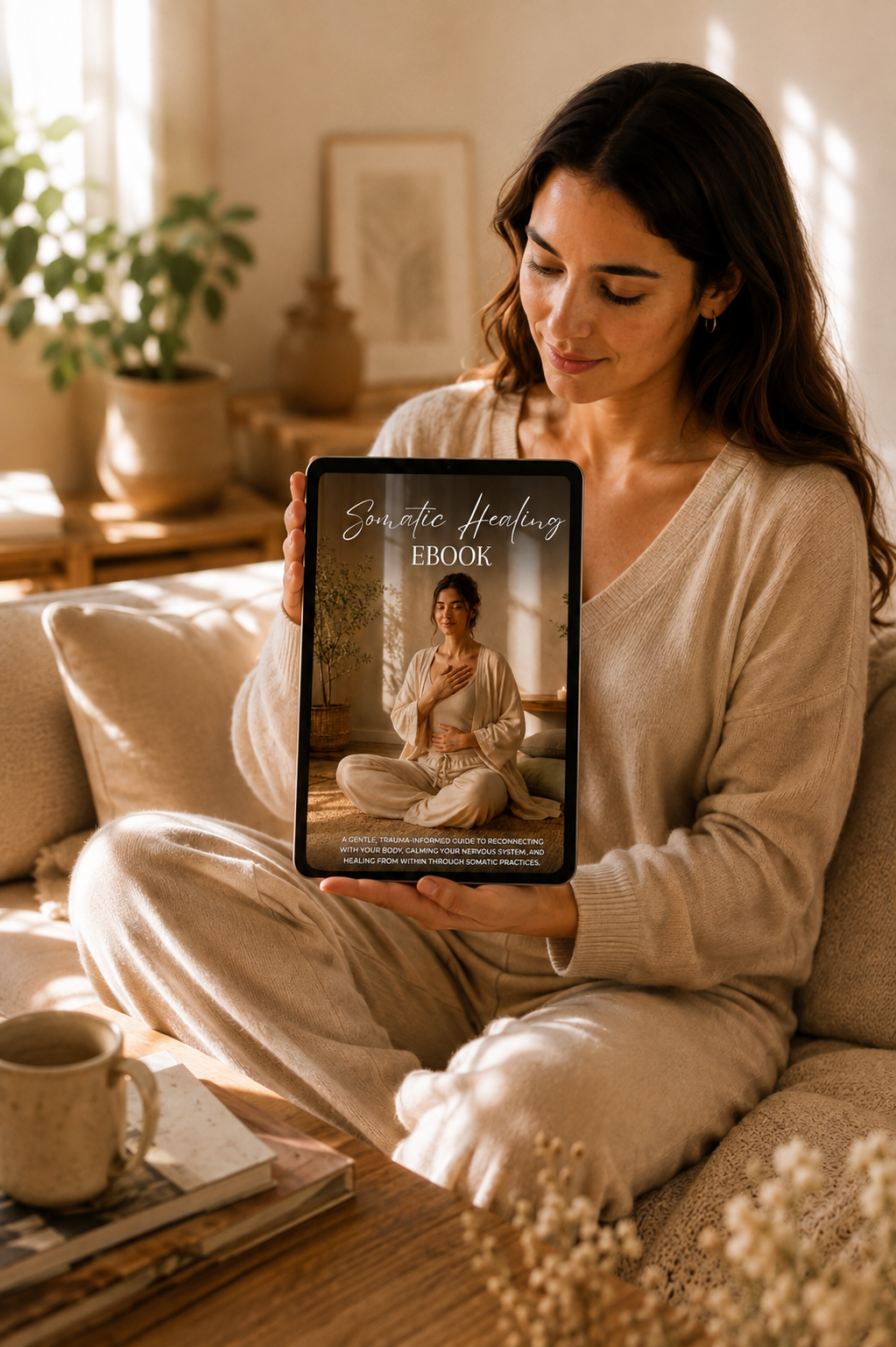 Woman reading Somatic Therapy eBook on digital tablet for trauma release, nervous system regulation, somatic exercises, and vagus nerve healing.