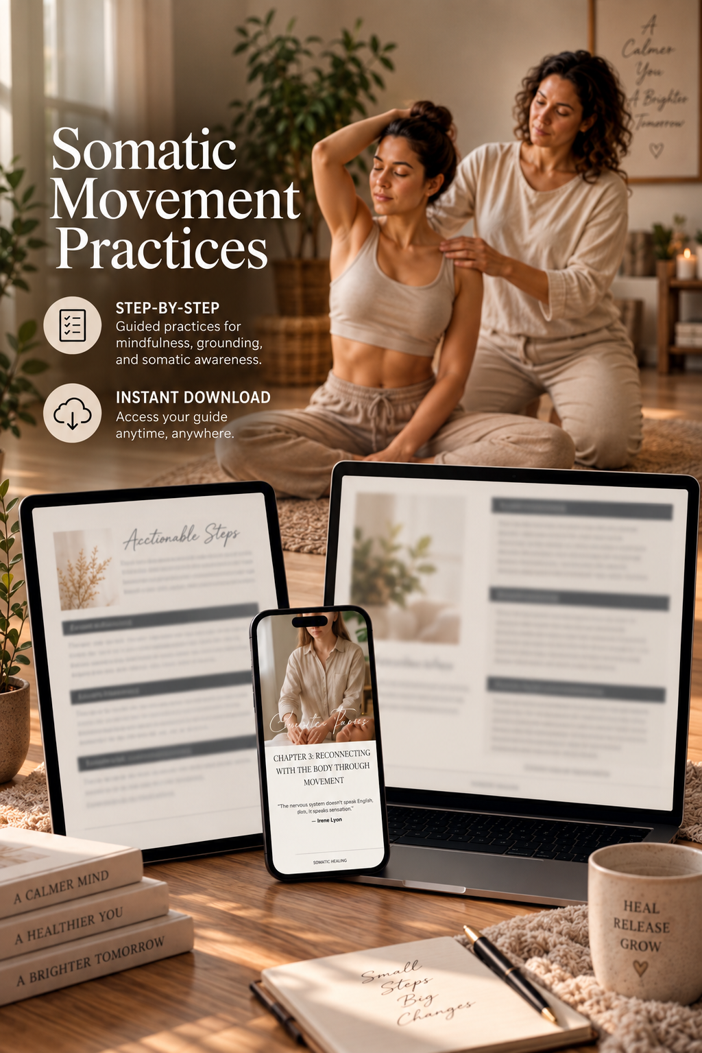 Somatic Healing Chapter 3 Trauma Release guide preview showing somatic movement practices, nervous system regulation, and body tension relief on laptop, tablet, and mobile phone.