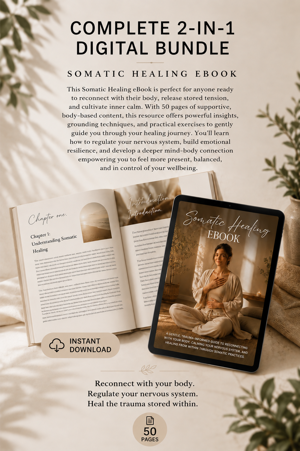 Complete Somatic Healing eBook bundle and Chapter 1 preview focusing on mind-body connection, nervous system regulation, trauma release, and stored body tension.