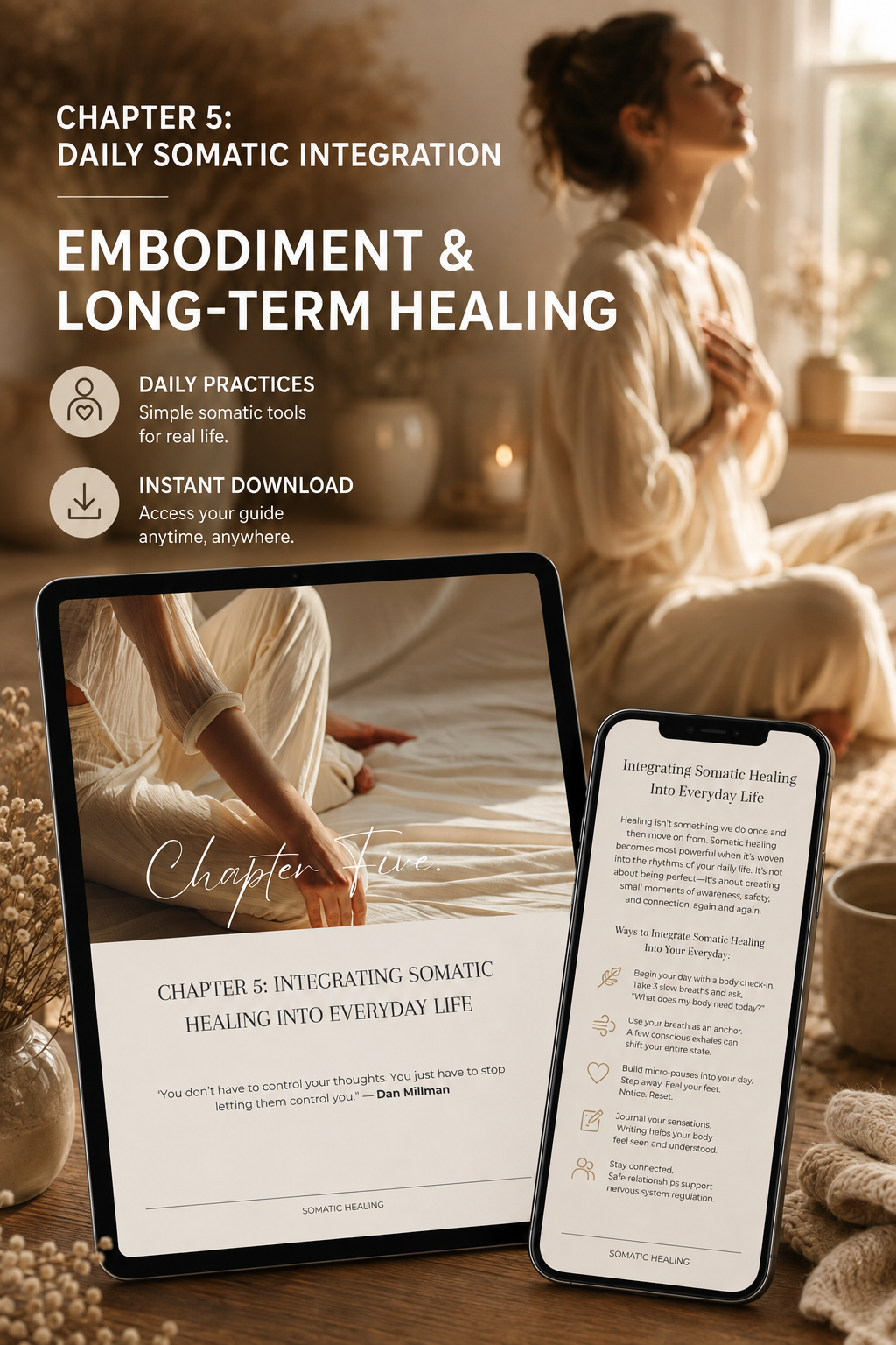 Chapter 5 Daily Somatic Integration eBook preview on tablet and phone, focusing on trauma release and somatic healing for stored body tension.