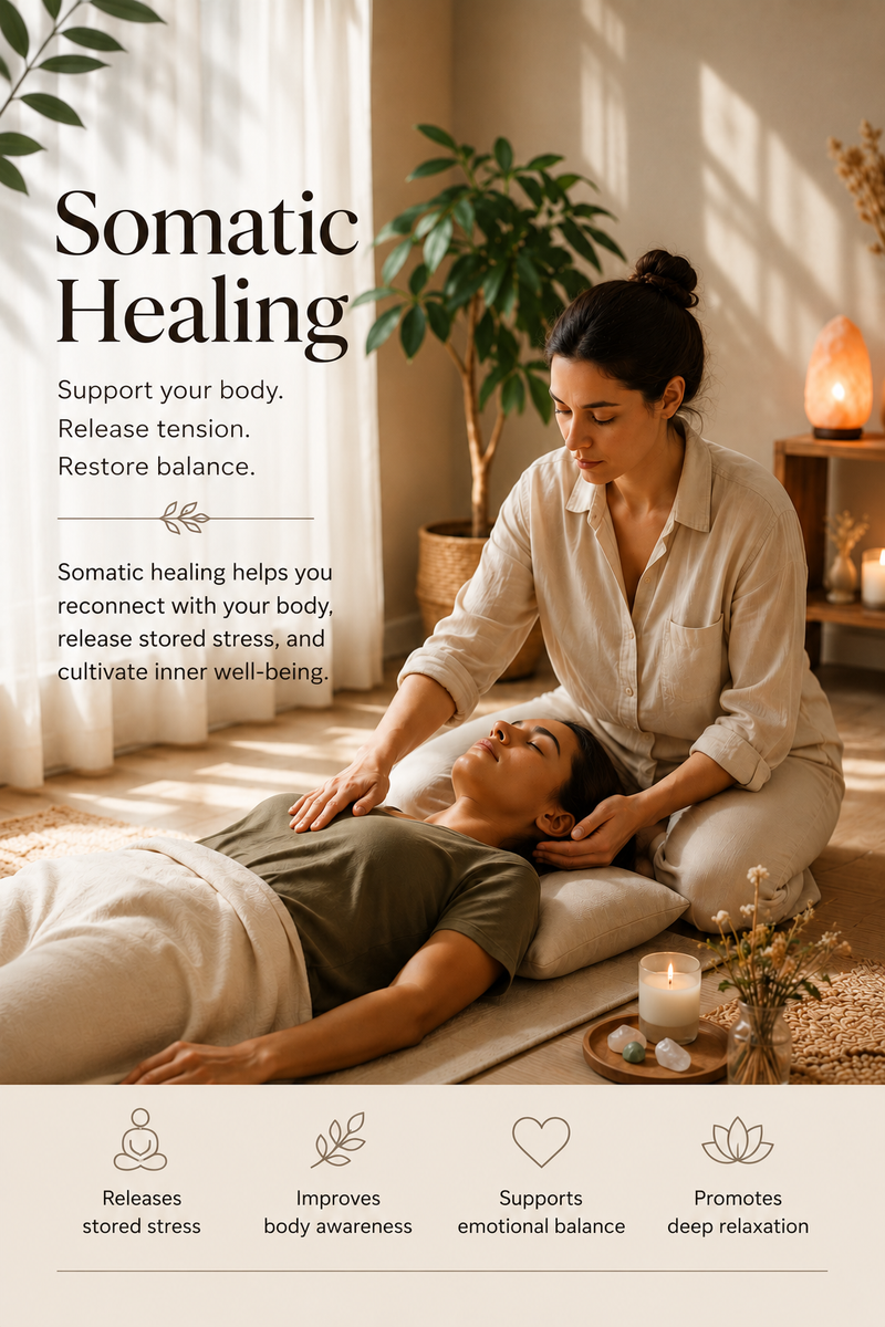 Somatic therapy benefits poster showing gentle hands-on bodywork for stress release and emotional balance.