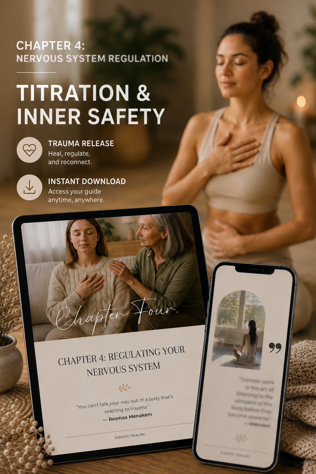 Somatic Nervous System Regulation Chapter 4 preview showing titration practices and trauma release techniques on tablet and smartphone.